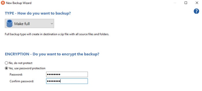 fbackup wizard encryption options