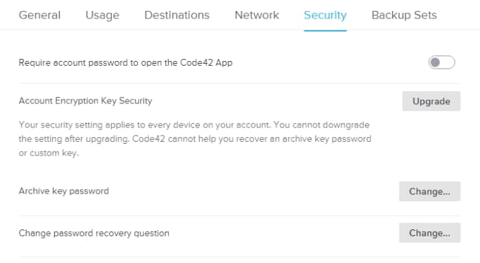 crashplan app security settings