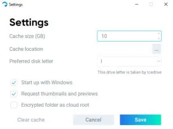 icedrive windows software settings page