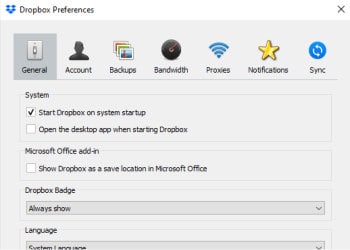dropbox app settings screen