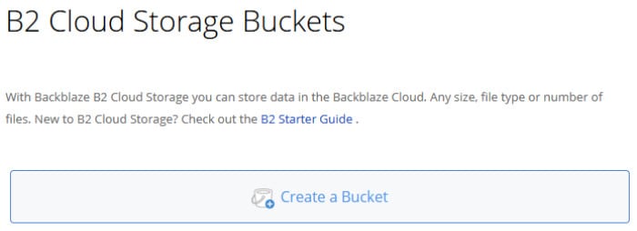 backblaze b2 create a new bucket buton