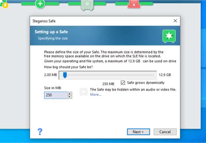 steganos safe create new safe set file size