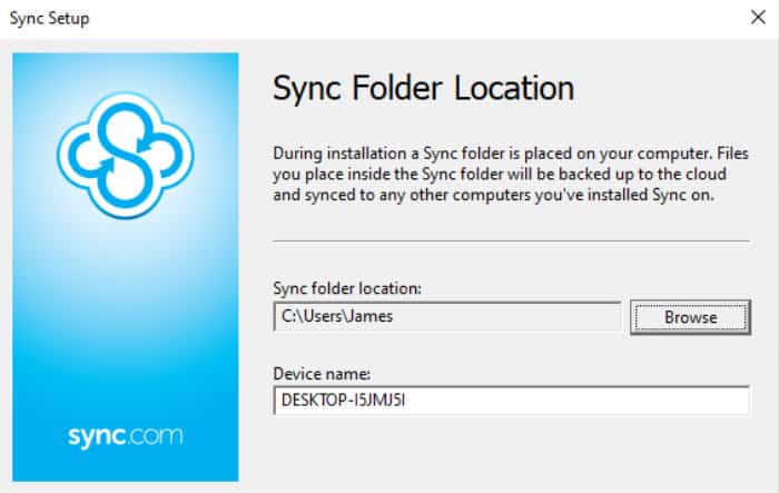 sync.com review - choose installer sync folder location