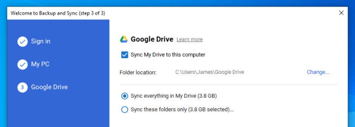 google drive desktop software - configure sync folder