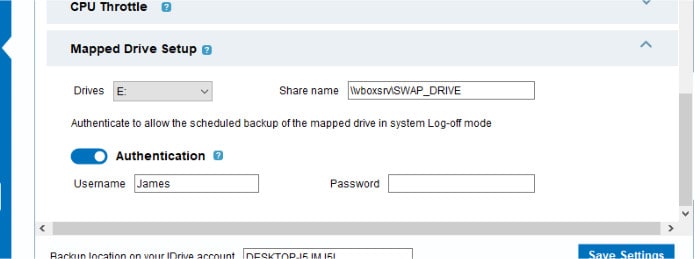idrive network drive configuration settings
