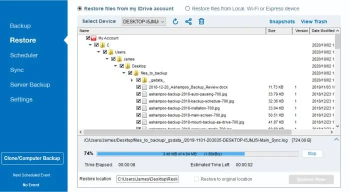 idrive select files for restore