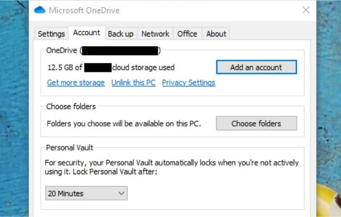 onedrive sync client account settings page