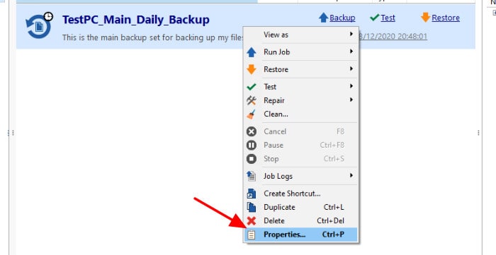 backup4all backup set properties menu option