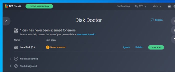 avg tuneup disk doctor scan