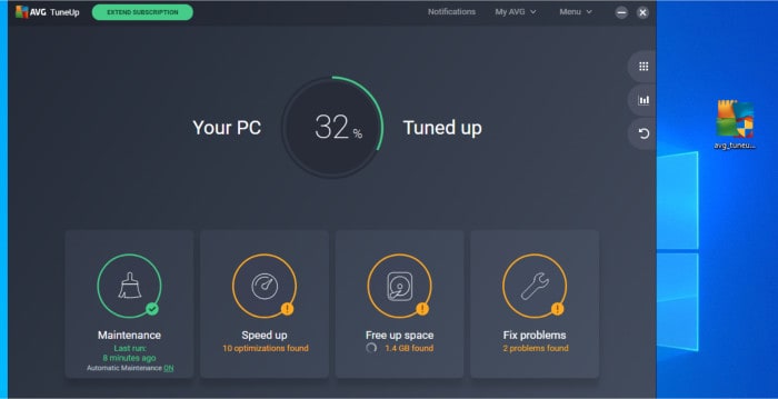 avg tuneup dashboard view after initial scan