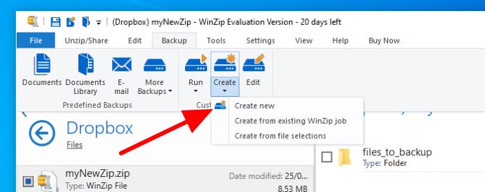 winzip backup menu create new