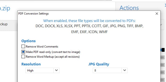 winzip convert to pdf settings