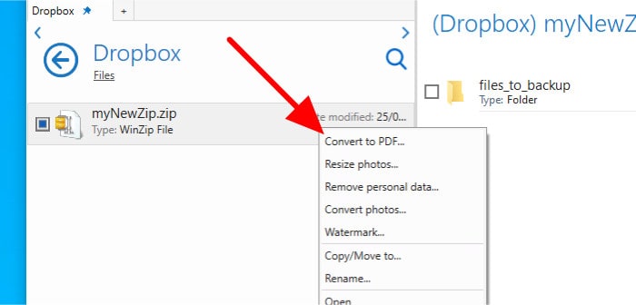 winzip apply options to dropbox archives