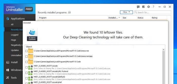 uninstaller free deep clean available