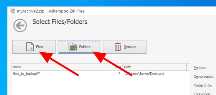 zip free - add files and folders to archive buttons