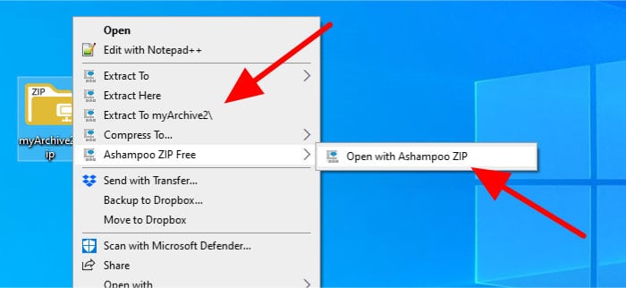 zip free context menu options