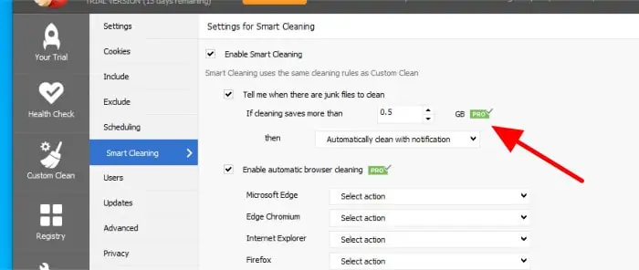 ccleaner smart cleaning at 500mb