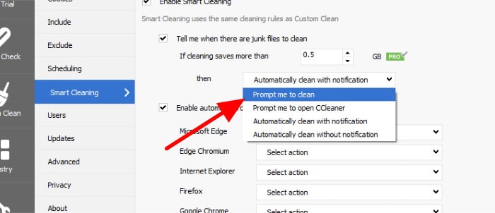 ccleaner pro smart cleaning prompt only