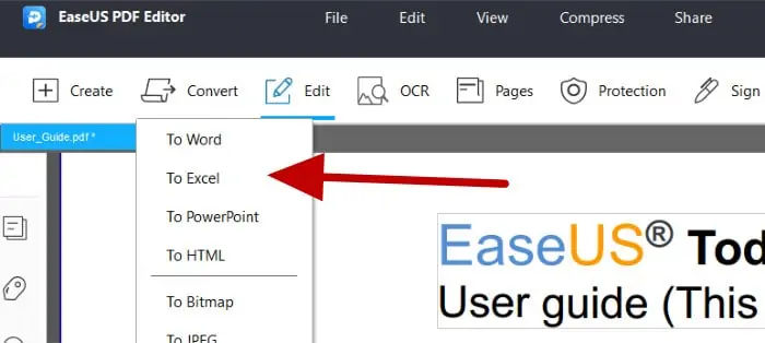 easeus pdf editor - convert menu options