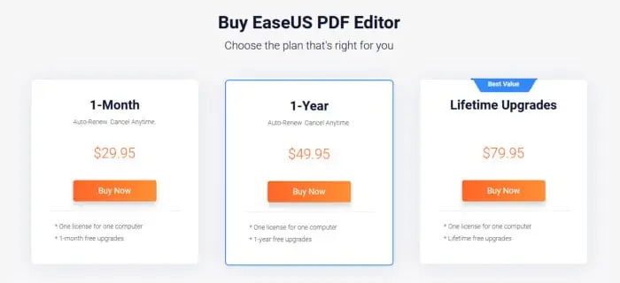 easeus pdf editor pricing tables