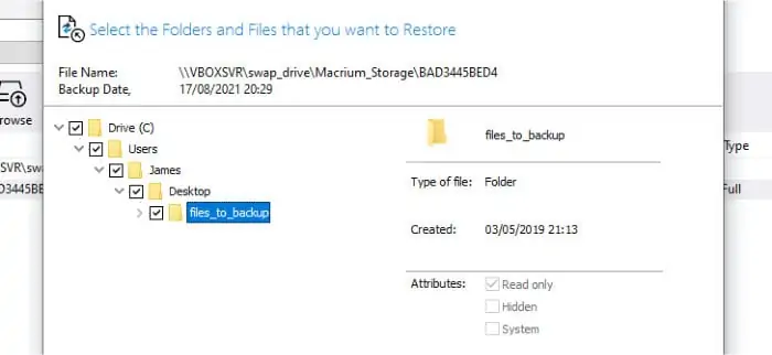 reflect 8 - select files to restore