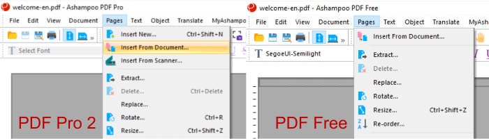 pdf pro 2 vs pdf free page menu options