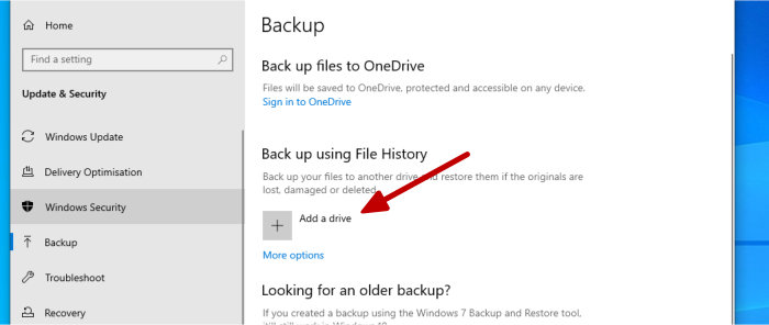 file history - select drive to store backup