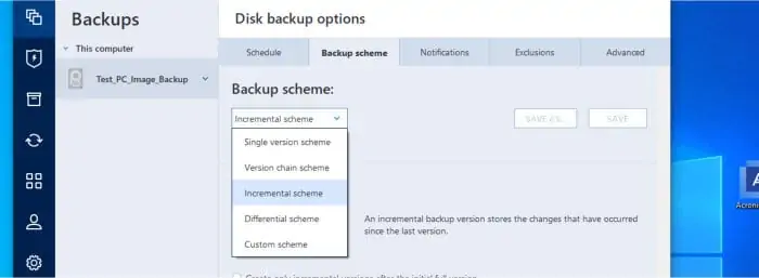 cyber protect home office - backup type selection