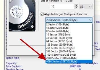set new partition sector size in diskgenius