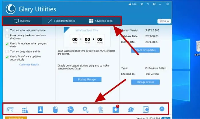 glary utilities pro - homepage with arrows to tools