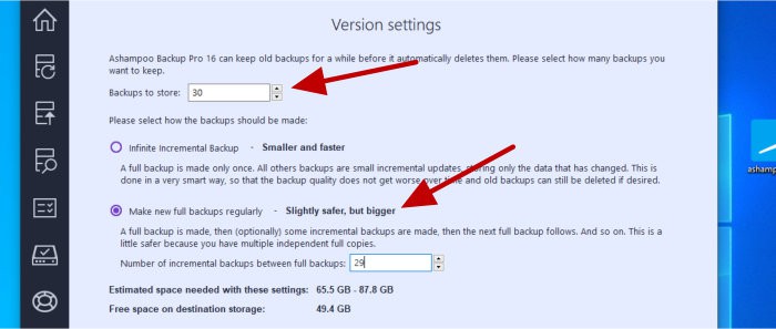 backup pro 16 - image backup version settings