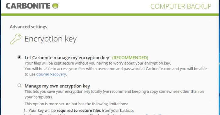 carbonite safe encryption key settings
