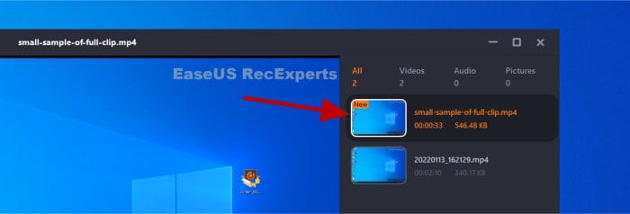 recexperts newly cut clip in file manager