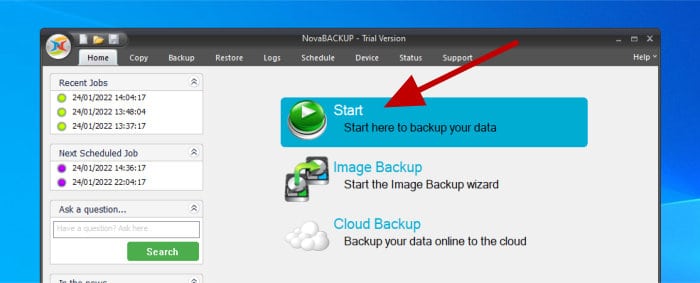 novabackup homepage start backup button