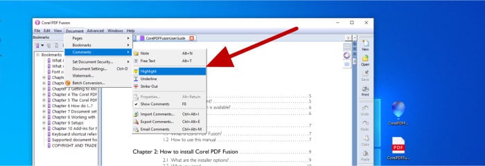 pdf fusion highlight text menu