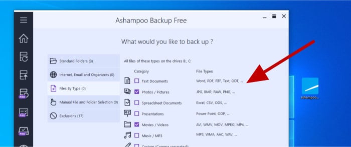 ashampoo backup free select file types