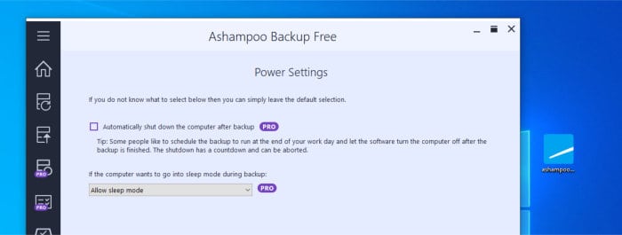 ashampoo backup free power settings
