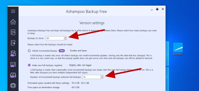 ashampoo backup free version history options