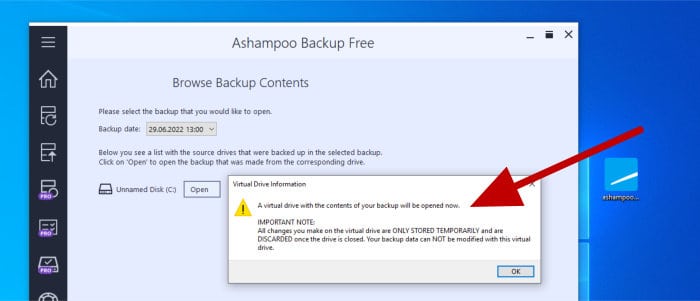 ashampoo backup free warning before browsing restored files