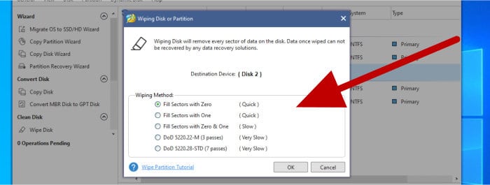 minitool partition wizard disk wiping options