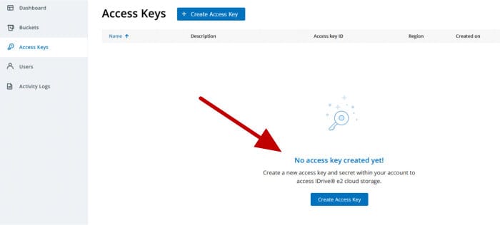 idrive e2 initial access keys management page