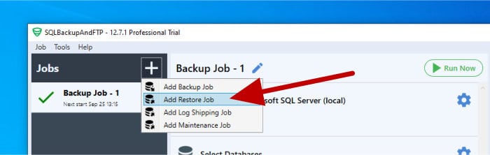 sqlbackupandftp add restore job menu
