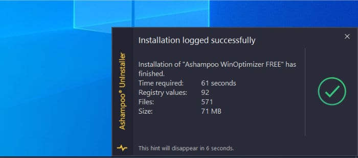 ashampoo uninstaller 12 - install complete sys tray message