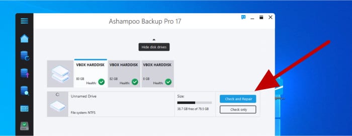ashampoo backup pro 17 - disk check and repair tool in-use