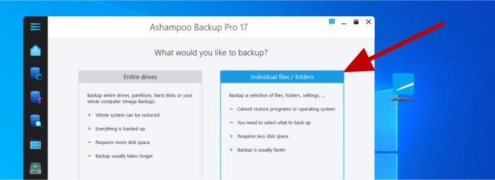 ashampoo backup pro 17 - selecting file-level backup plan