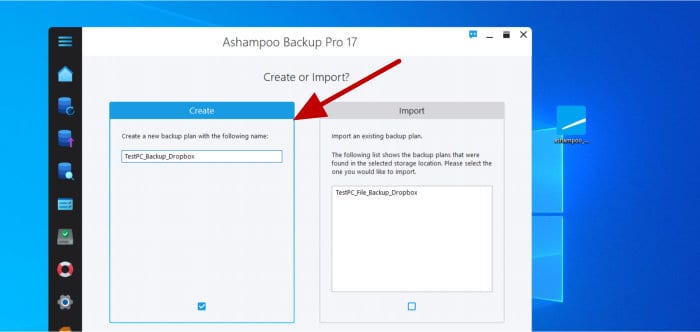 ashampoo backup pro 17 - create or import backup plan