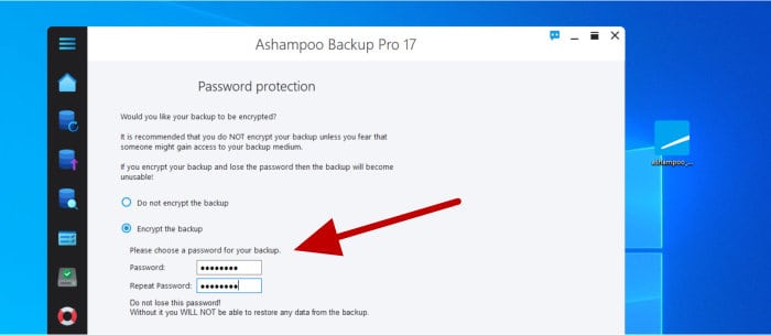 ashampoo backup pro 17 - add encryption password