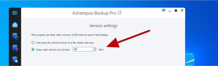 ashampoo backup pro 17 - file backup version history settings