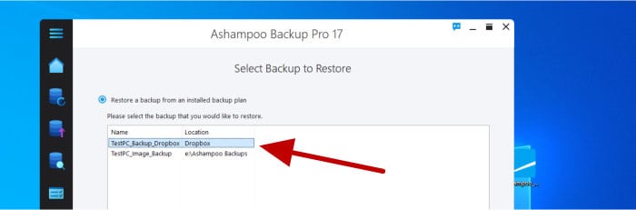 ashampoo backup pro 17 - main restore page
