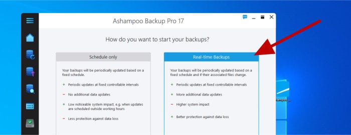 ashampoo backup pro 17 - selecting real-time or scheduled backups